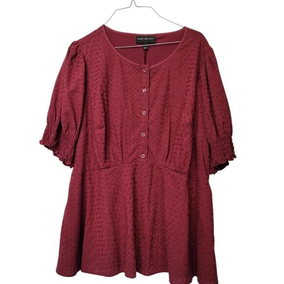 Lane Bryant Short Sleeve Embroidered Eyelet Burgundy Babydoll Top Plus Size 16 - Picture 3 of 12